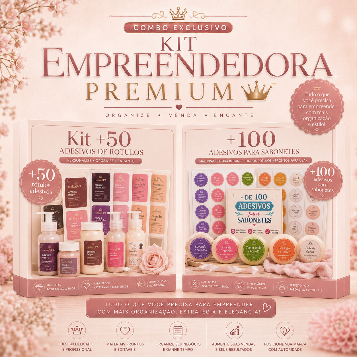 Mockup do Kit Empreendedora Premium com adesivos para sabonetes e rótulos para frascos